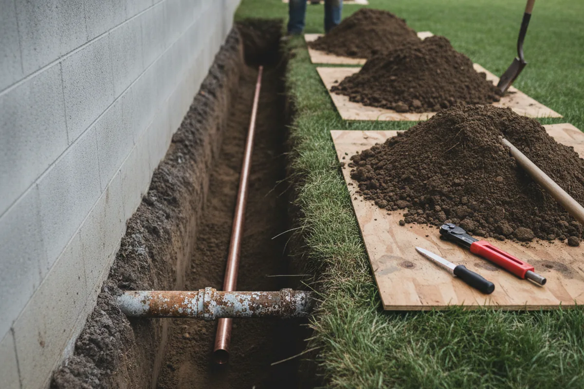 Excavated water line trench during Sewer Line Repair in Mico